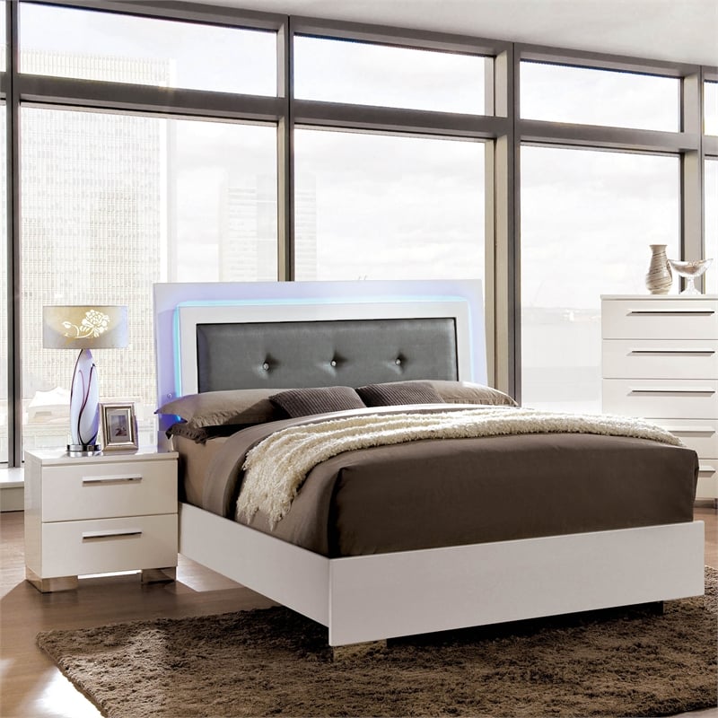 FOA Rayland 2pc Glossy White Wood Bedroom Set - Queen + Nightstand
