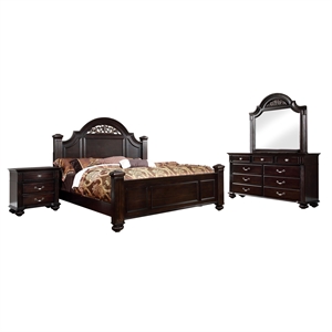 FOA Damos 4pc Dark Walnut Wood Bedroom Set - Queen+Nightstand+Dresser+Mirror