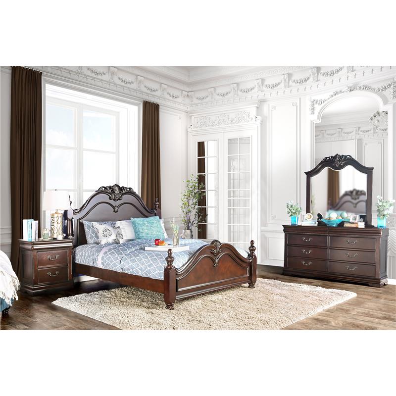 FOA Ruben 4pc Cherry Wood Panel Bedroom Set - Cal King+Nightstand+Dresser+Mirror