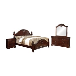 FOA Ruben 4pc Cherry Wood Panel Bedroom Set - Cal King+Nightstand+Dresser+Mirror