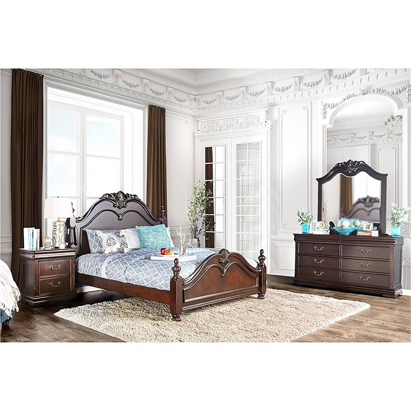 FOA Ruben 4pc Cherry Wood Panel Bedroom Set - King+Nightstand+Dresser+Mirror