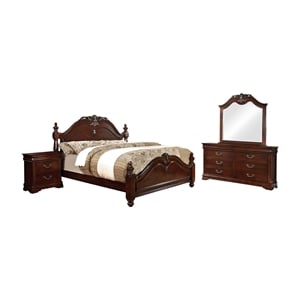 FOA Ruben 4pc Cherry Wood Panel Bedroom Set - Queen+Nightstand+Dresser+Mirror