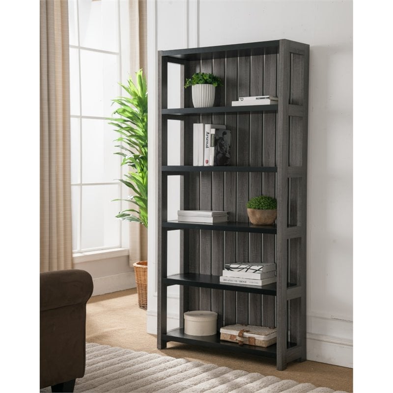 Furniture of America Iman Wood 5-Shelf Bookcase in Dark Gray and Black