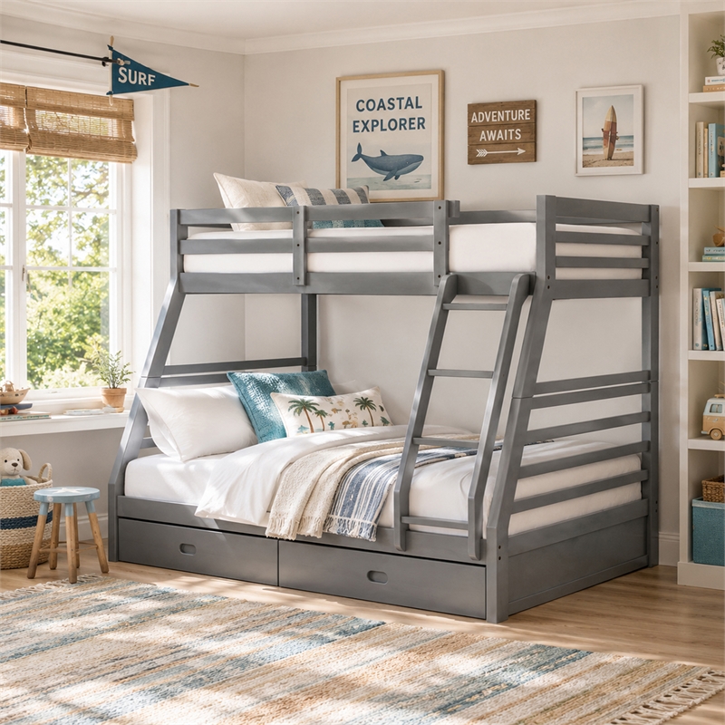 Furniture of America Tomi Wood Twin over Full Storage Bunk Bed in Gray