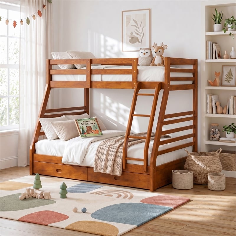 Furniture of America Tomi Wood Twin over Full Storage Bunk Bed in Oak