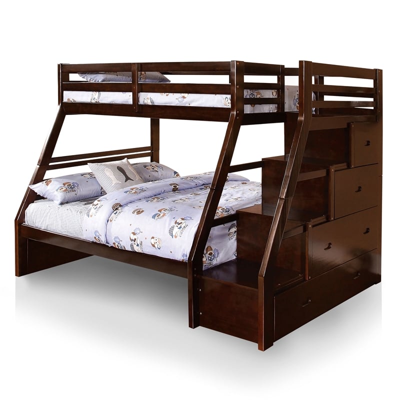 Furniture of America Dannick Wood Twin over Full Storage Bunk Bed in Dark Walnut