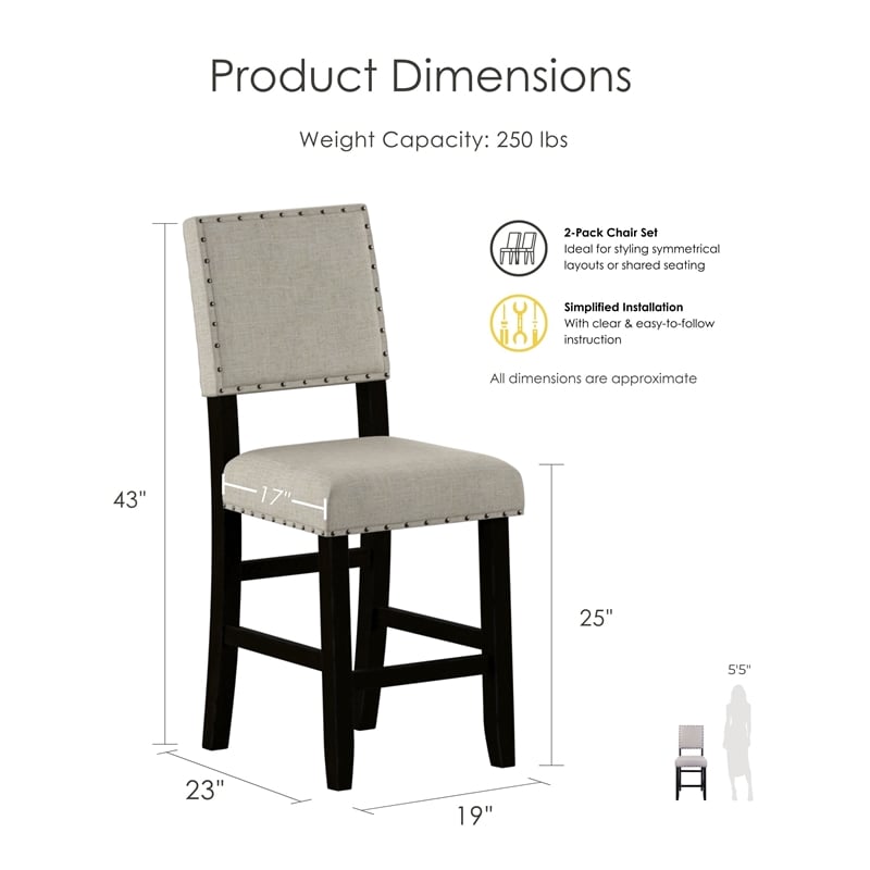 Furniture of America Sinuata Fabric Counter Height Chair in Black (Set of 2)