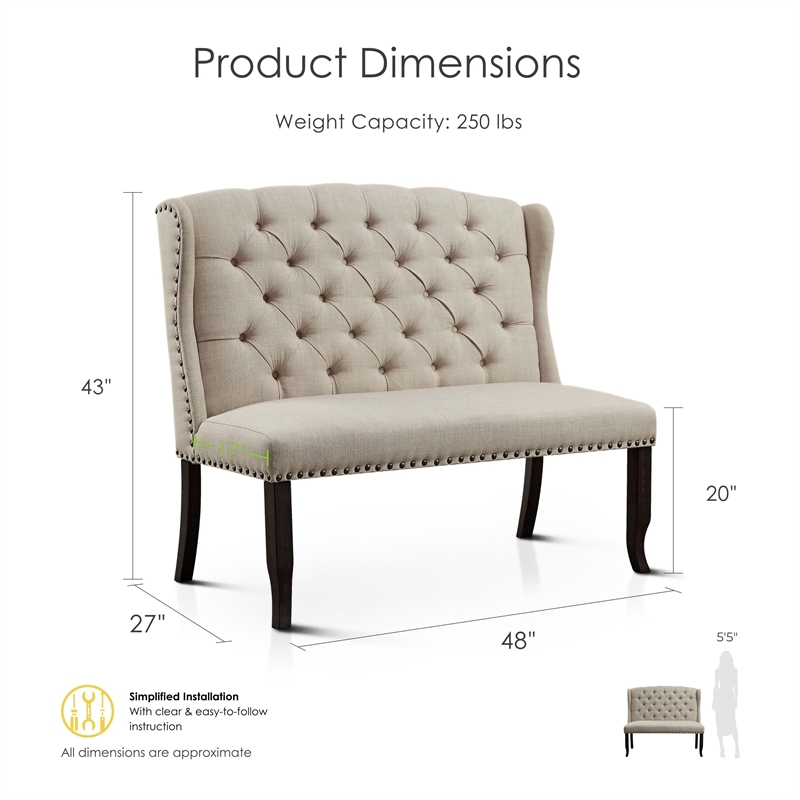 Furniture of America Sinuata Fabric Tufted 2-Seater Loveseat Bench in Beige
