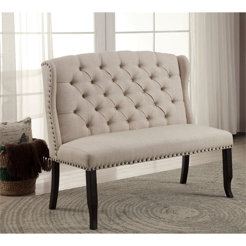 Furniture of America Sinuata Fabric Tufted 2-Seater Loveseat Bench in Beige