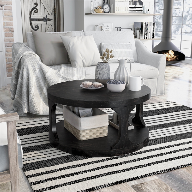 Furniture of America Arturo Solid Wood Open Shelf Coffee Table in Antique Black