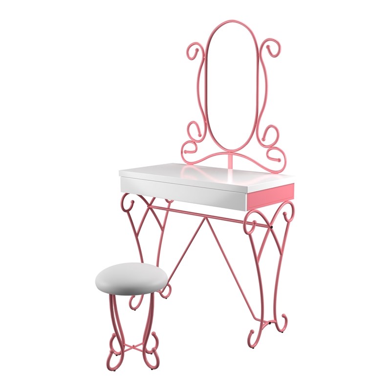 Furniture of America Prink Metal 3-Piece Kids Vanity Set in Pink and White