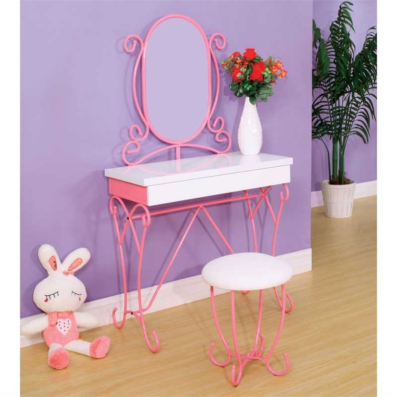 Furniture of America Prink Metal 3-Piece Kids Vanity Set in Pink and White