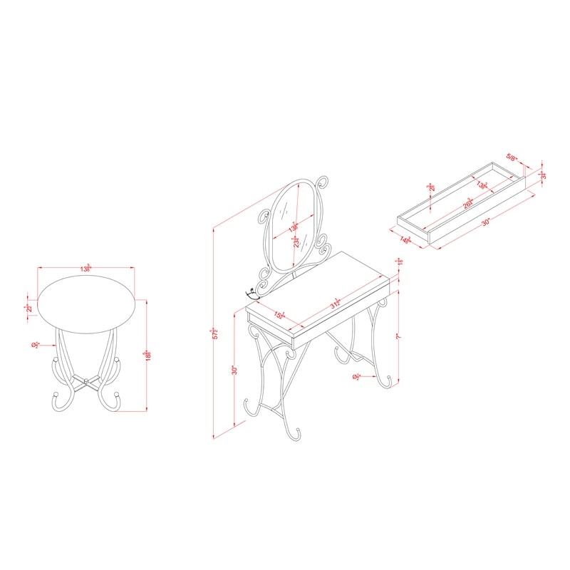 Furniture of America Prink Metal 3-Piece Kids Vanity Set in Pink and White