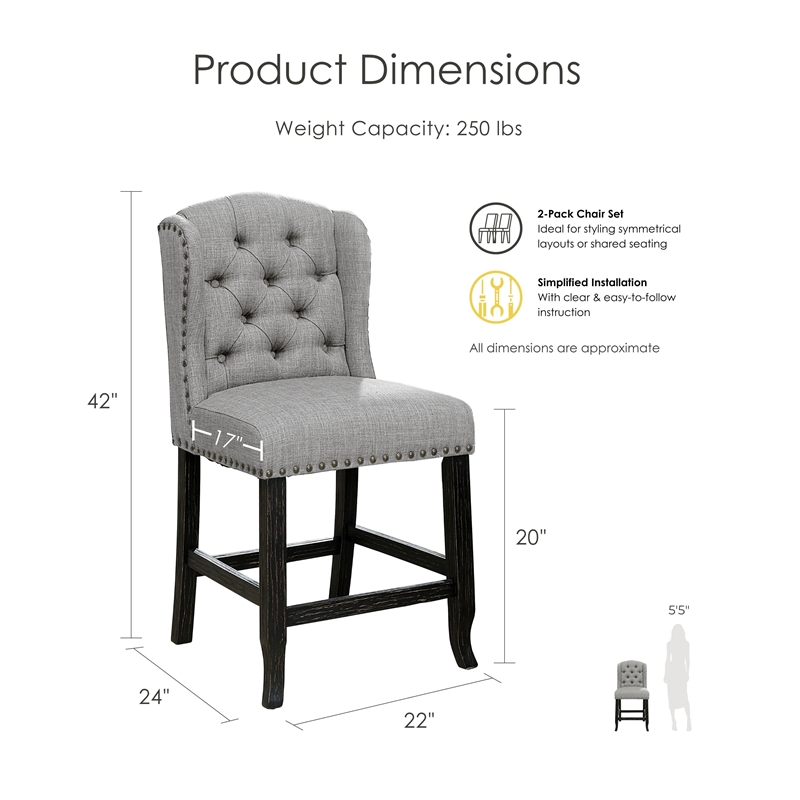 Furniture of America Sinuata Fabric Light Gray Wingback Counter Chair (Set of 2)