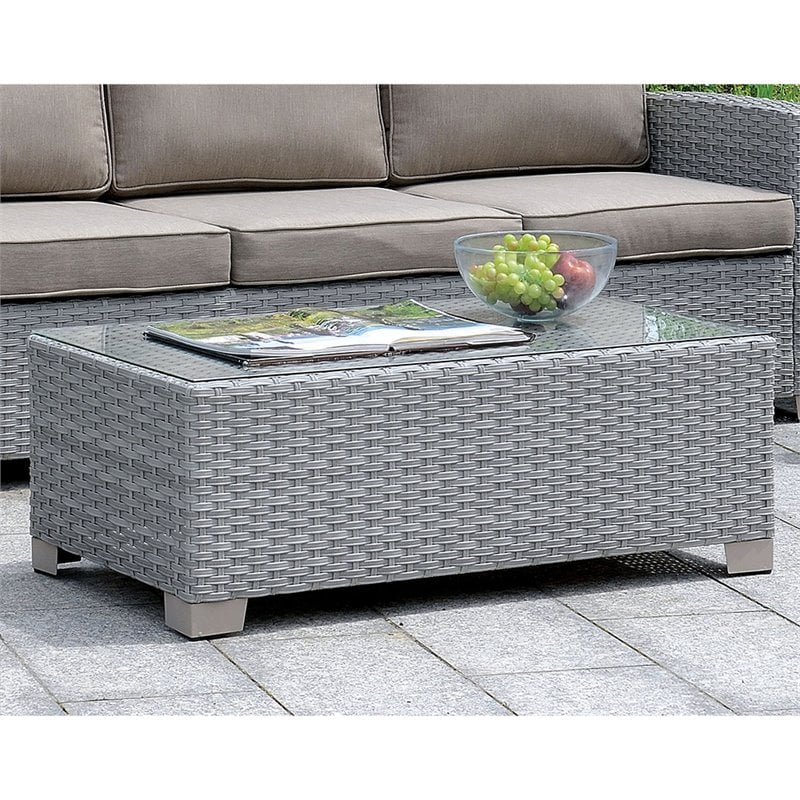 Furniture of America Condor Rattan Glass Top Patio Coffee Table in Gray