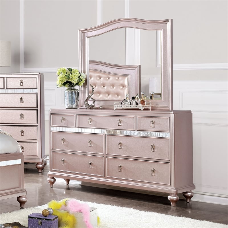 Furniture of America Appell 2-Piece Wood Rose Gold Dresser and Camel Back Mirror