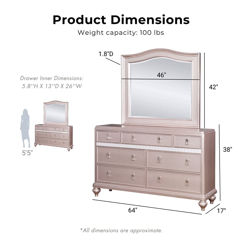 Furniture of America Appell 2-Piece Wood Rose Gold Dresser and Camel Back Mirror