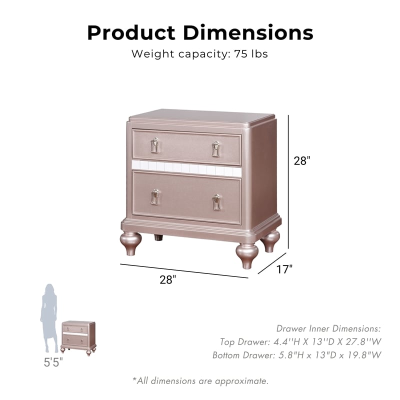 Furniture of America Appell Solid Wood 2-Drawer Nightstand in Rose Gold