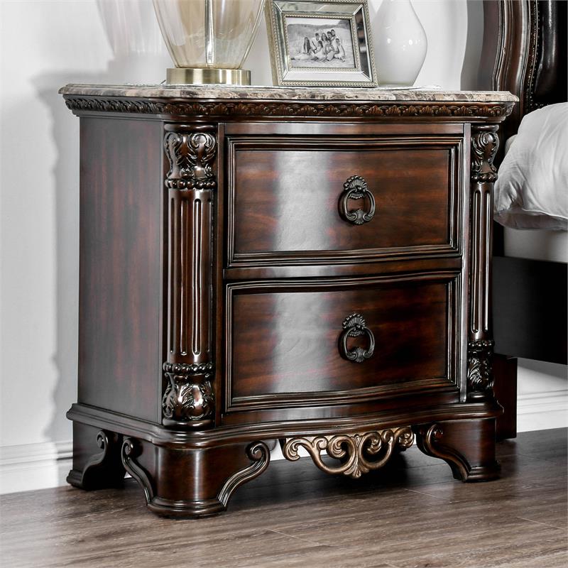 Furniture of America Jordan Wood and Marble Top Nightstand in Brown Cherry