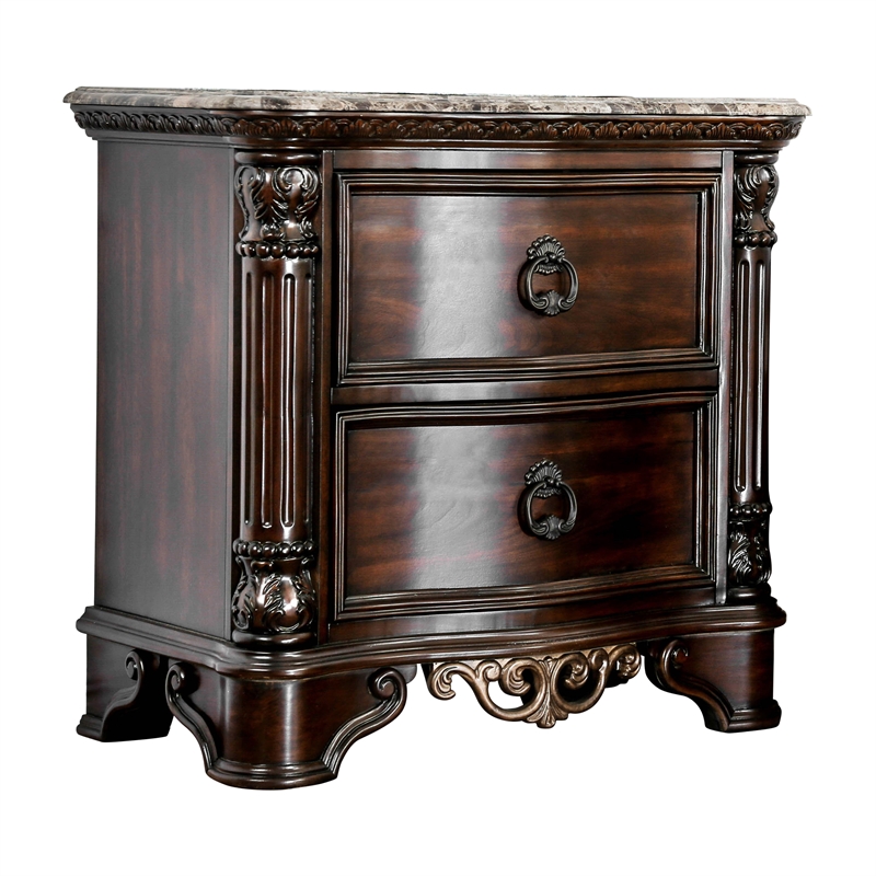 Furniture of America Jordan Wood and Marble Top Nightstand in Brown Cherry