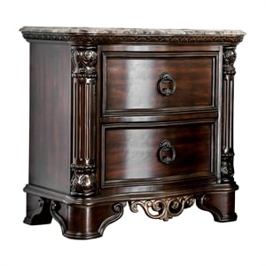 Furniture of America Jordan Wood and Marble Top Nightstand in Brown Cherry