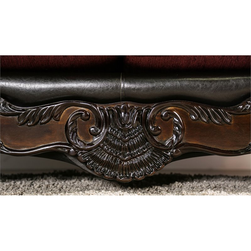 Furniture of America Eli Faux Leather Loveseat in Burgundy and Dark Brown