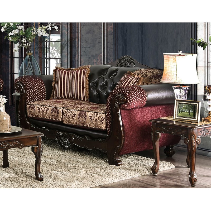 Furniture of America Eli Faux Leather Loveseat in Burgundy and Dark Brown