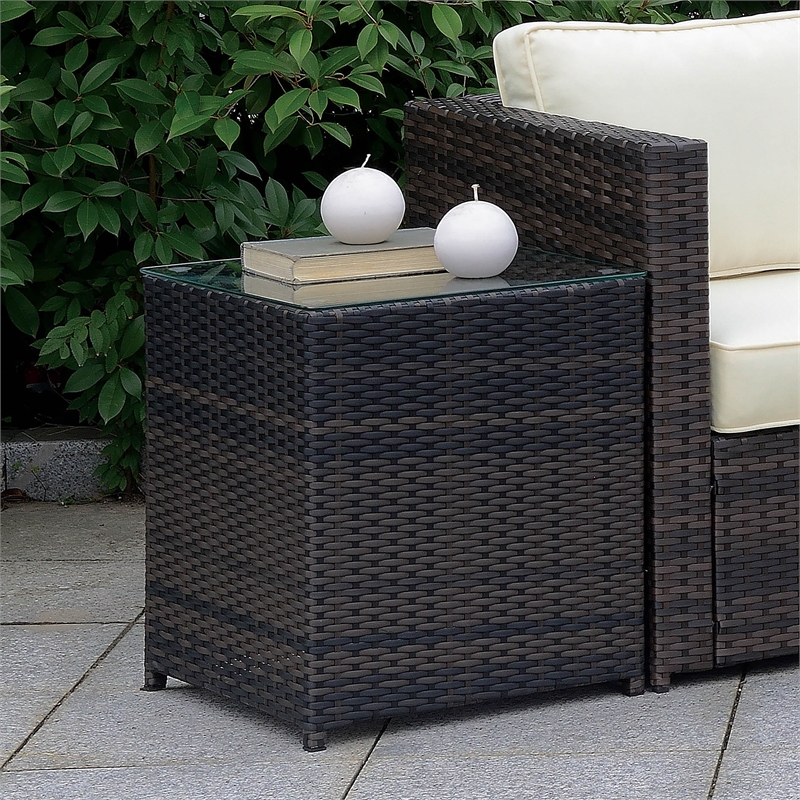 Furniture of America Daley Contemporary Glass Top Patio End Table in Brown