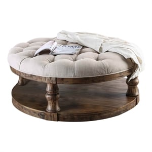 Furniture of America Joss Rustic Wood Round Tufted Coffee Table in Antique Oak
