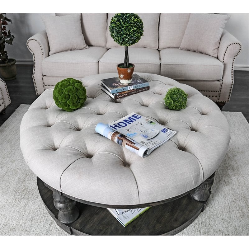 Furniture of America Joss Rustic Wood Round Tufted Coffee Table in Antique Gray