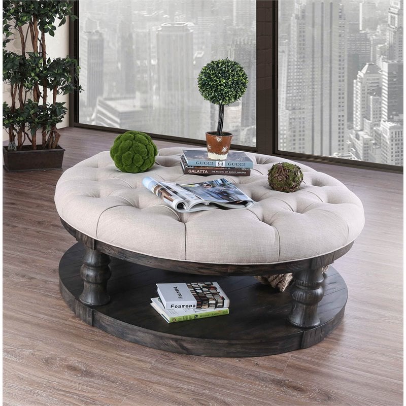 Furniture of America Joss Rustic Wood Round Tufted Coffee Table in Antique Gray