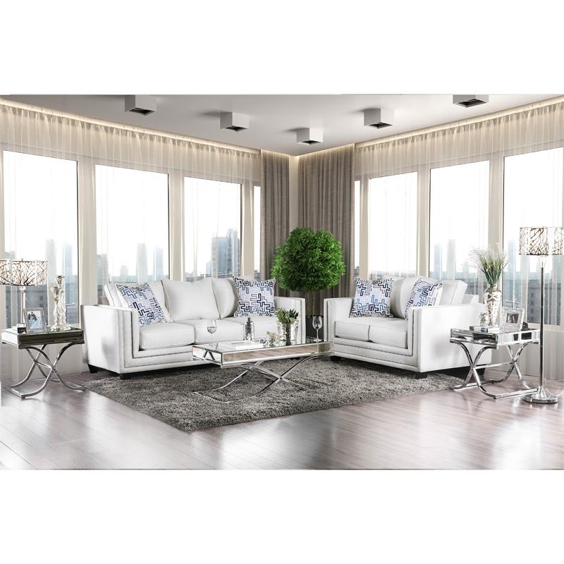 Furniture of America Malden Contemporary Chenille Nailhead Loveseat in Ivory