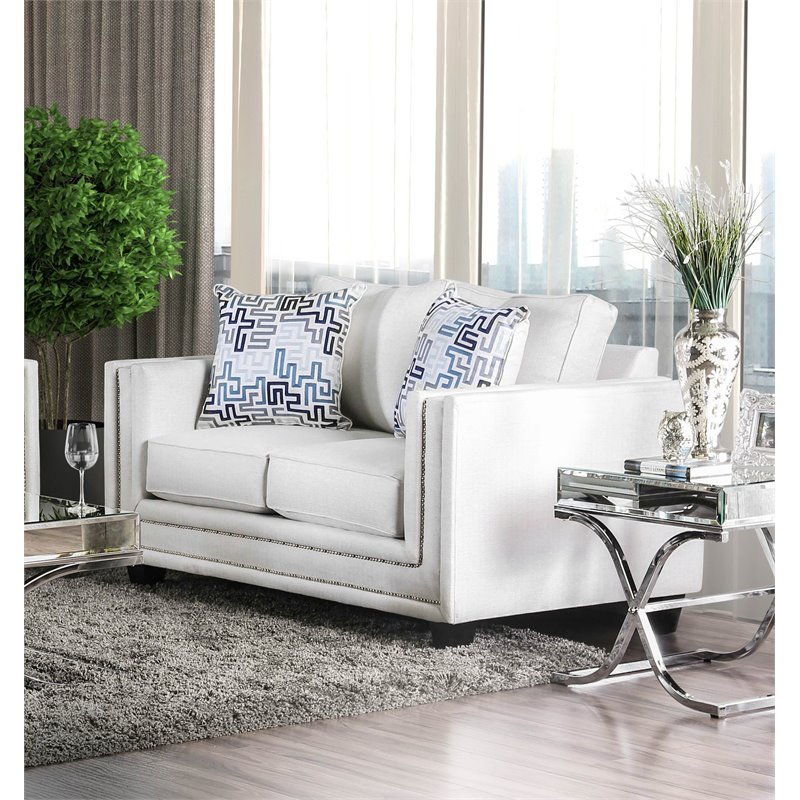 Furniture of America Malden Contemporary Chenille Nailhead Loveseat in Ivory