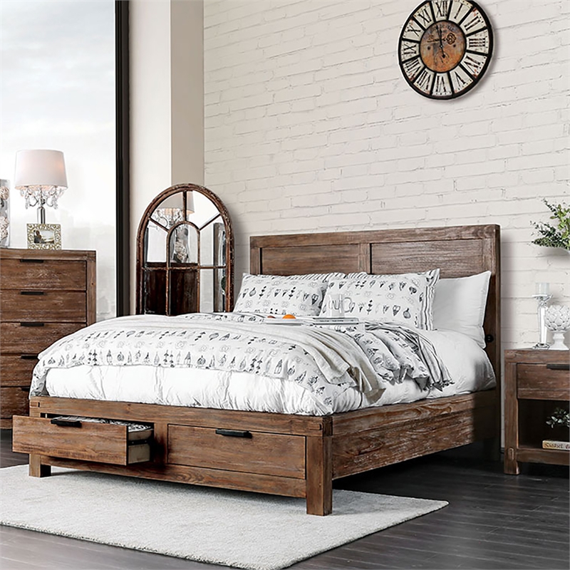 Furniture of America Russ Rustic Wood Queen Panel Bed in Light Oak