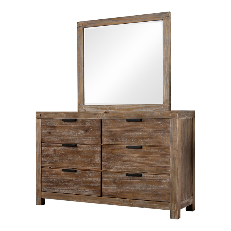Furniture of America Russ Solid Wood 2-Piece Dresser and Mirror Set in Light Oak