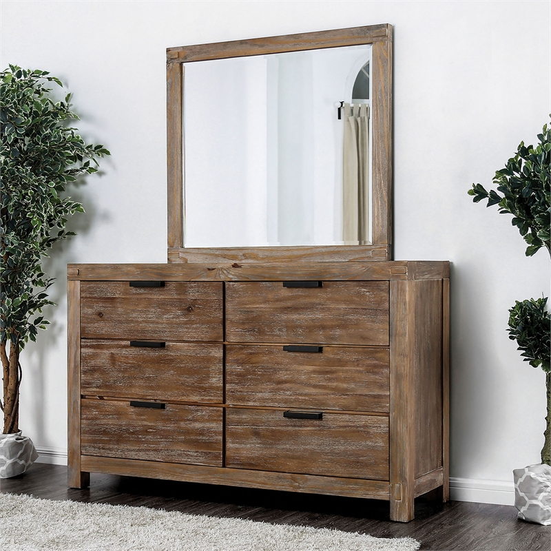Furniture of America Russ Solid Wood 2-Piece Dresser and Mirror Set in Light Oak