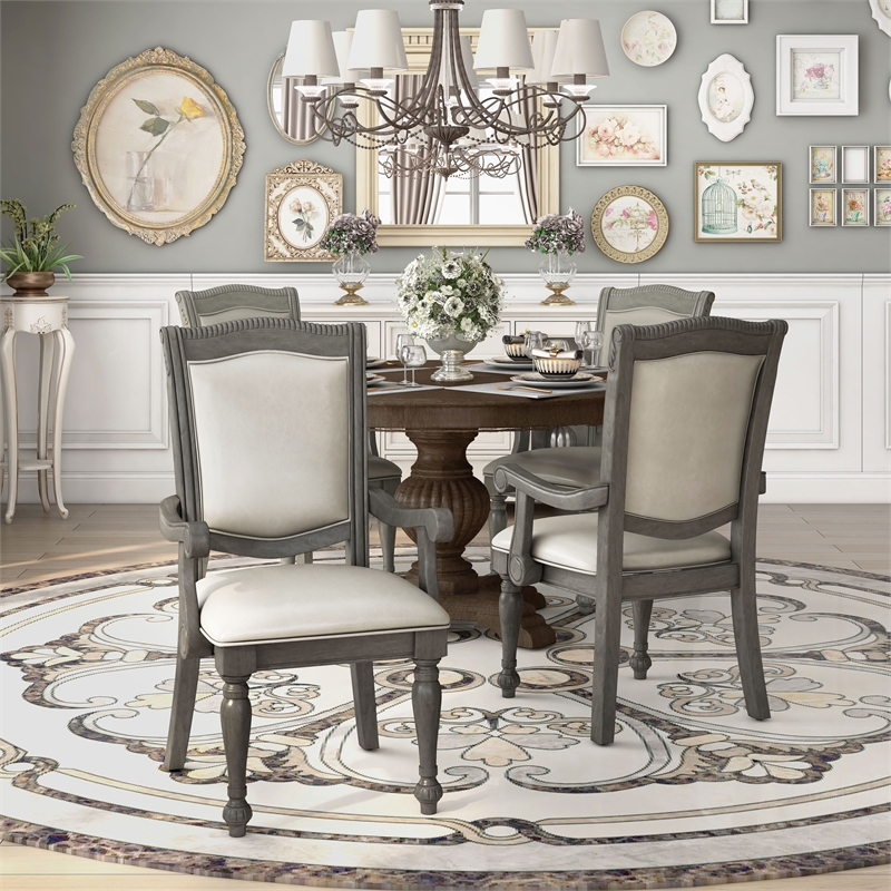 Furniture of America Alstroemeria Gray Faux Leather Dining Arm Chair (Set of 2)