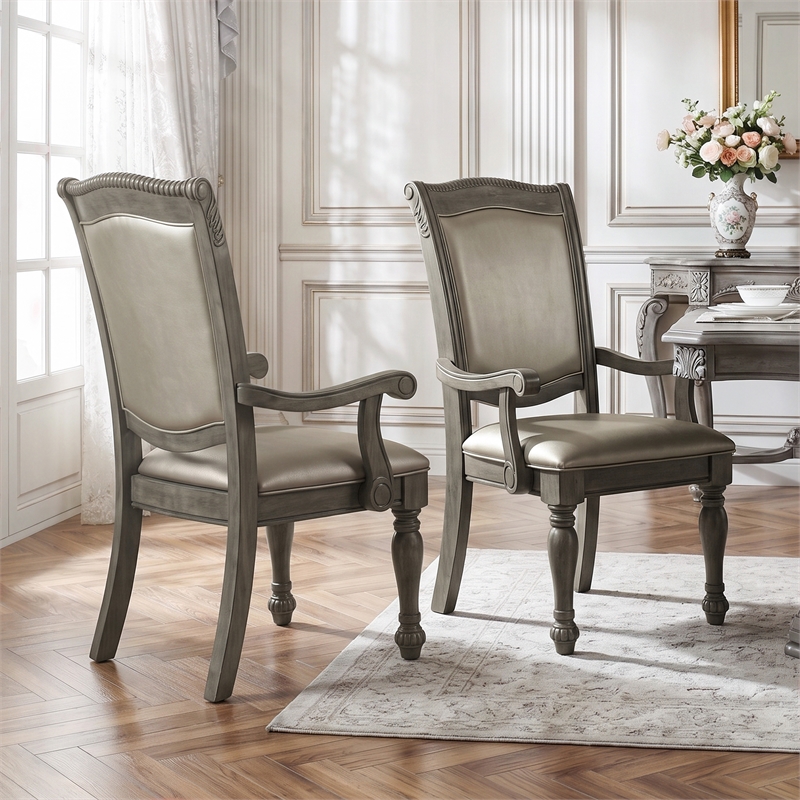 Furniture of America Alstroemeria Gray Faux Leather Dining Arm Chair (Set of 2)