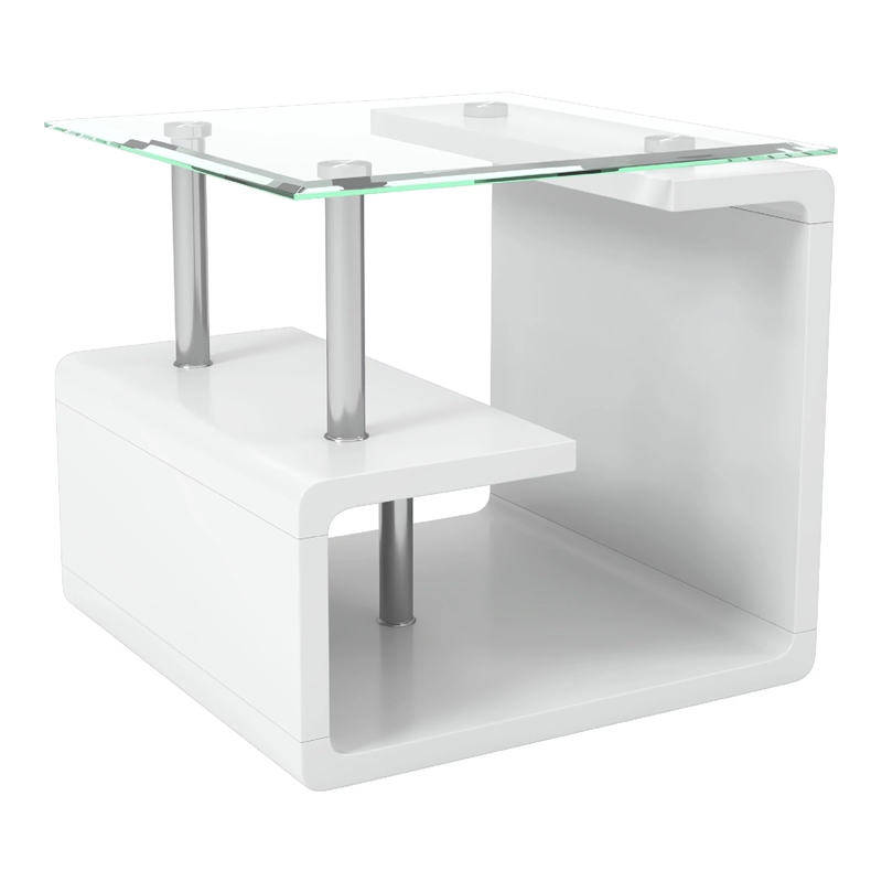 Furniture of America Velencia Glass Geometric End Table in Glossy White