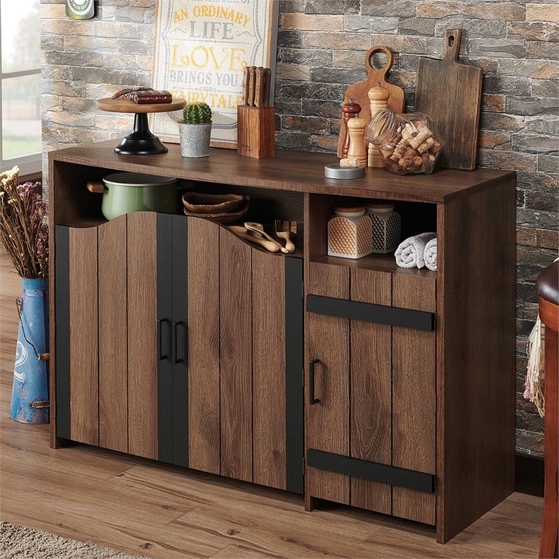 Furniture of America Helen Farmhouse Wood 6-Shelf Buffet in Distressed Walnut