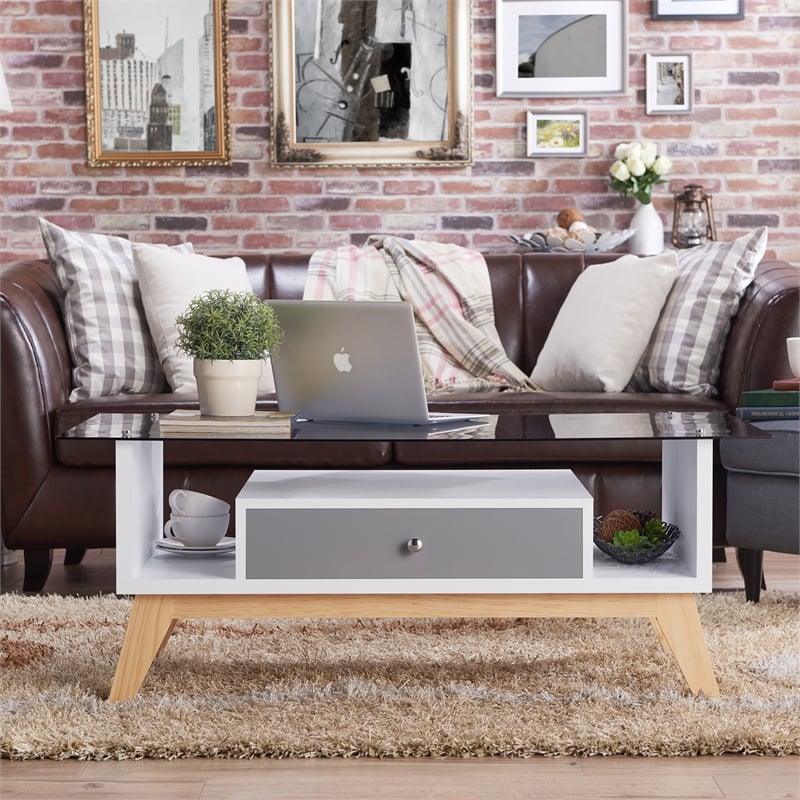 Furniture of America Lana Mid-Century Glass Top Coffee Table in Gray