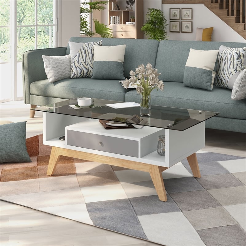 Furniture of America Lana Mid-Century Glass Top Coffee Table in Gray