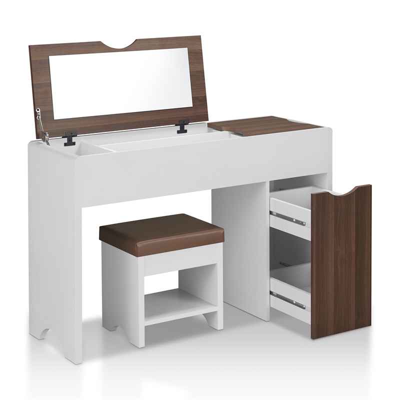 Furniture of America Caron Wood 2pc Flip-Top Vanity Table Set in White & Walnut