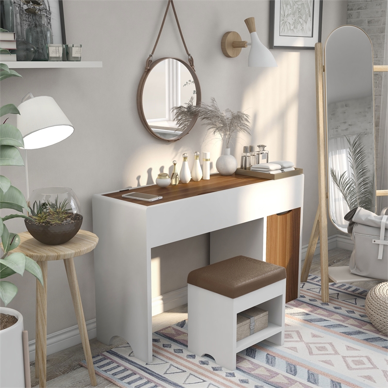 Furniture of America Caron Wood 2pc Flip-Top Vanity Table Set in White & Walnut