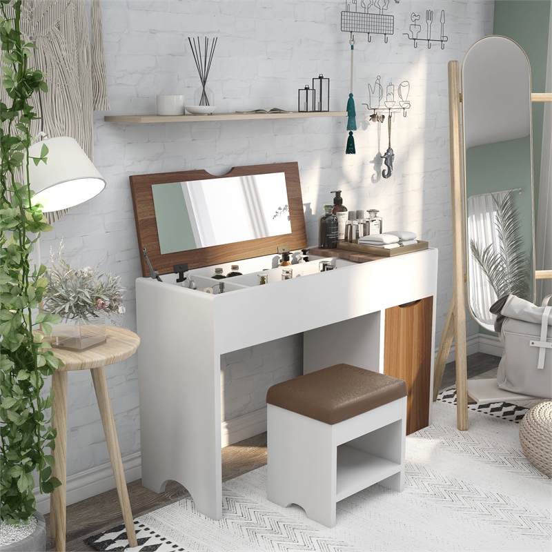 Furniture of America Caron Wood 2pc Flip-Top Vanity Table Set in White & Walnut