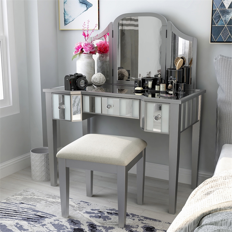 Furniture of America Aleana Contemporary Wood 3-Piece Vanity Set in Silver