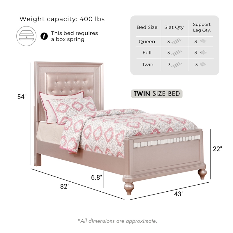 Furniture of America Appell Solid Wood Tufted Twin Panel Bed in Rose Gold