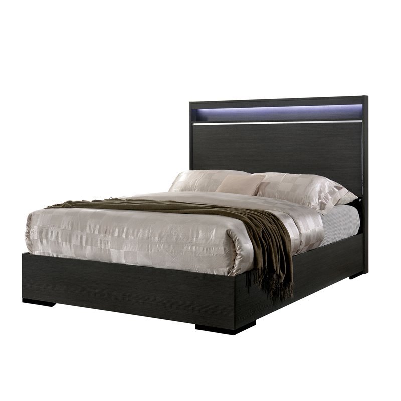 Furniture of America Henly Wood Queen Panel Bed with LED Lights in Warm Gray