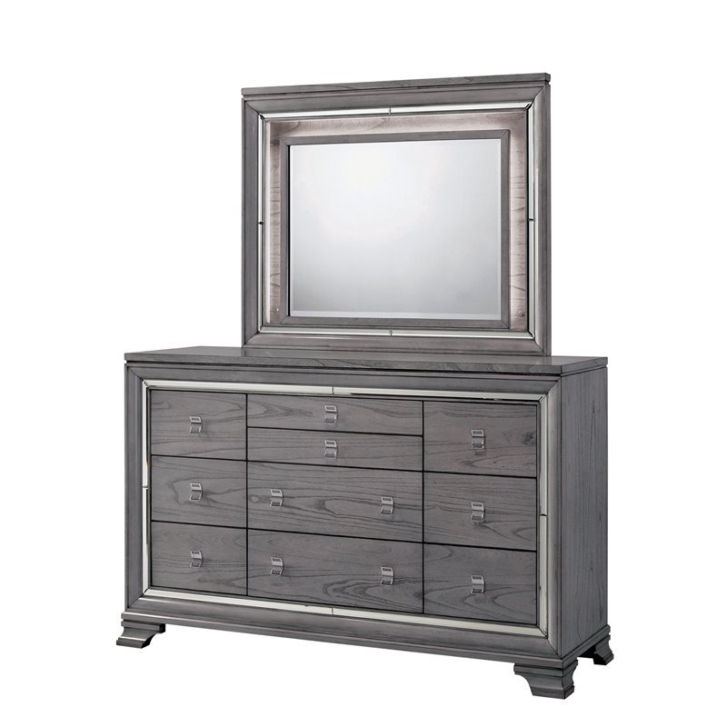 Furniture of America Hariston 2-Piece Wood Dresser and Mirror in Light Gray