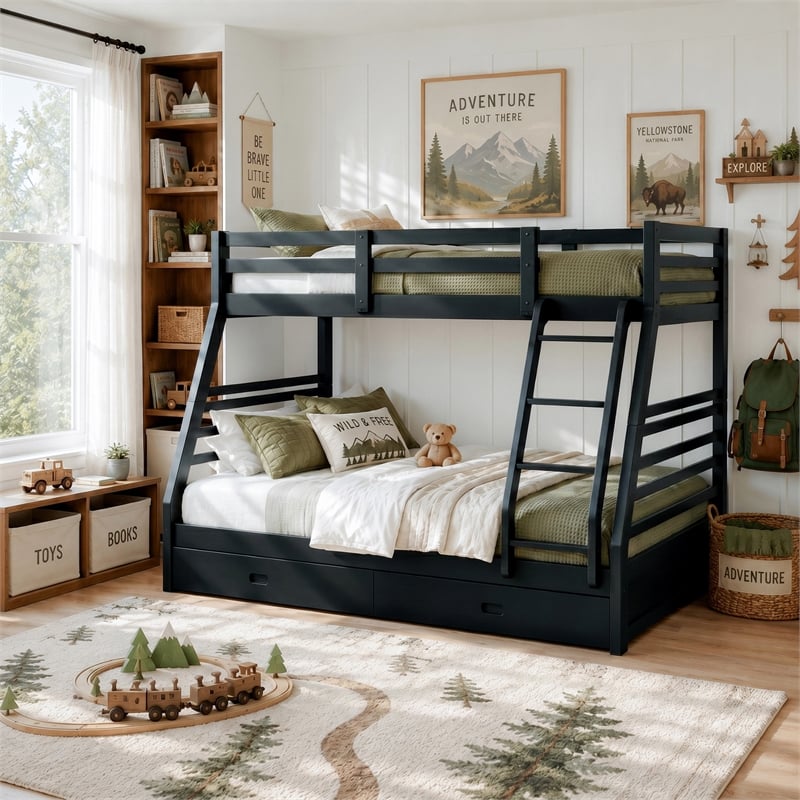 Furniture of America Tomi Wood Twin over Full Storage Bunk Bed in Black